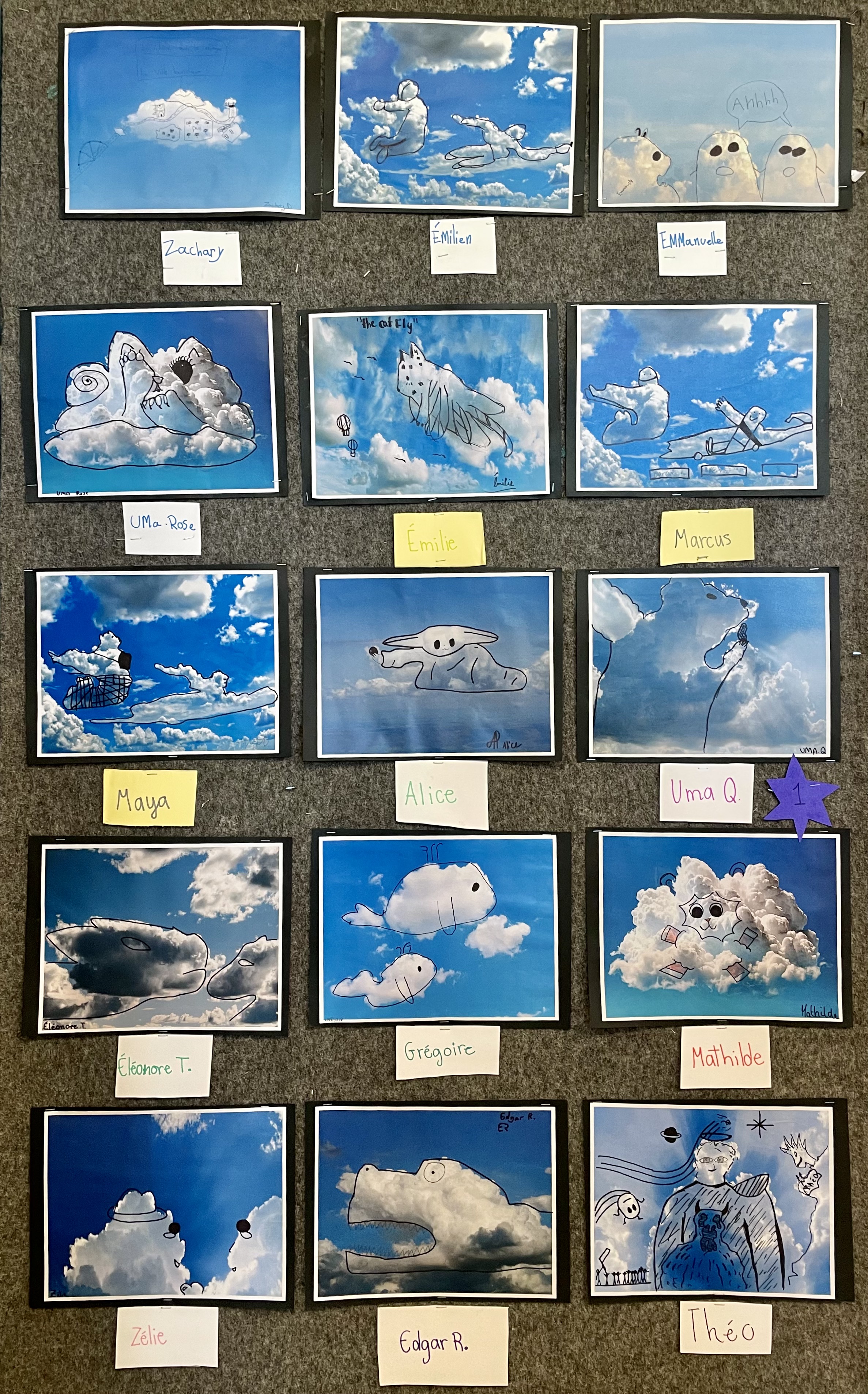 Des photos de nuages avec des formes dessinées au stylo