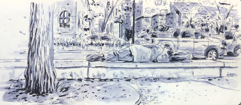 Illustration de Laurent Lavaste : personne endormie sur un banc.